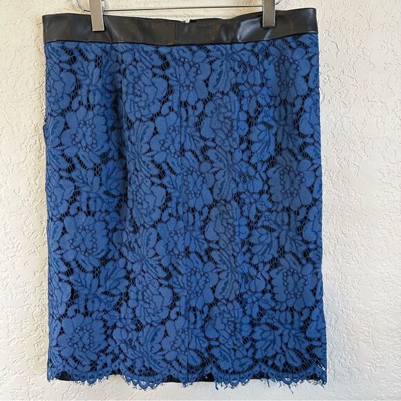 Brixon Ivy Blue Black Lace Overlay PU Trim Lined Rayon Blend Pencil Skirt Medium - Picture 9 of 12